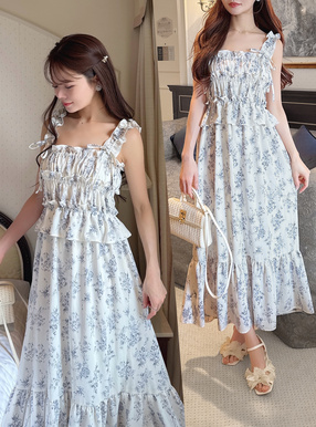 花柄フリルリボンキャミソールワンピース