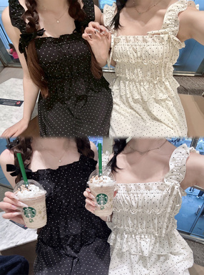 ドット柄リボンキャミソールワンピース