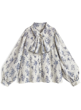 ボウタイ付き花柄パイピングブラウス