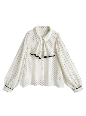 スカーフタイ付きドット柄パイピングブラウス