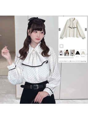 ボウタイ付きドット柄パイピングブラウス