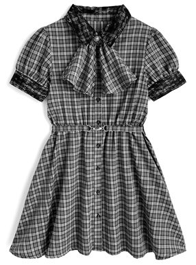 スカーフタイ・ベルト付きチェック柄レースミニワンピース