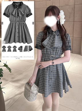 スカーフタイ・ベルト付きチェック柄レースミニワンピース