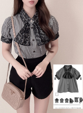 スカーフタイ付きギンガムチェック柄ブラウス