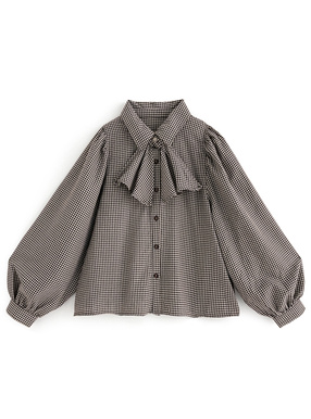 タイ付きチェック柄ボリュームスリーブブラウス