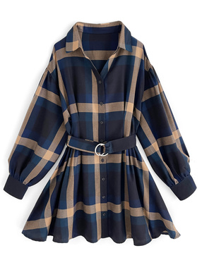 ベルト付きチェック柄シャツミニワンピース