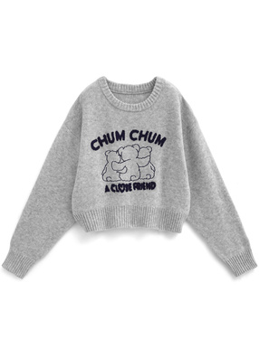 テディベア刺繍ショート丈ニットトップス