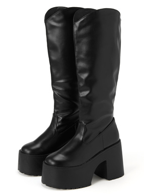 厚底ヒールレザーロングブーツ