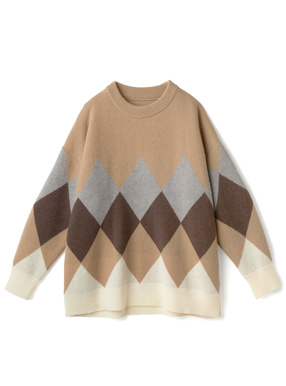 ダイヤ柄配色ニットトップス