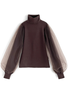 タートルネックチュールスリーブニットトップス