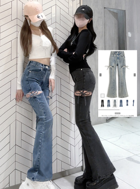 サイドカットアウトリボンフレアデニムパンツ