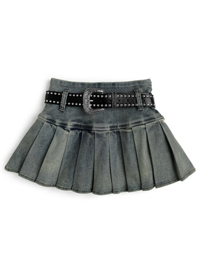 インパン・ベルト付きプリーツデニムミニスカート