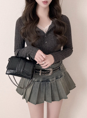 インパン・ベルト付きプリーツデニムミニスカート