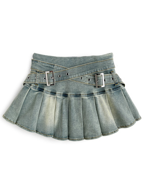 インパン付きクロスベルトプリーツデニムミニスカート