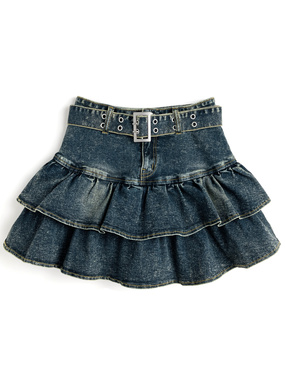 インパン・ベルト付きティアードフリルデニムミニスカート