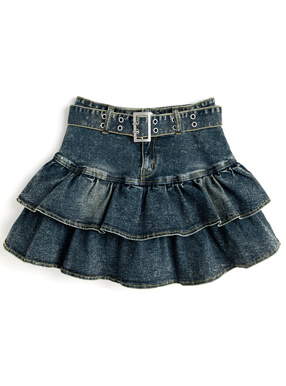 インパン・ベルト付きティアードフリルデニムミニスカート