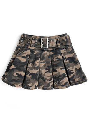 インパン・ベルト付きカモフラージュ柄プリーツミニスカート