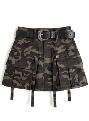 インパン裏地・ベルト付きカモフラージュ柄カーゴミニスカート