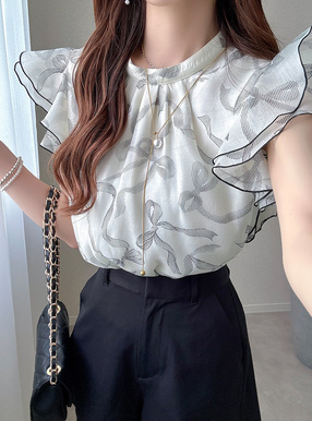リボン柄シフォンブラウス