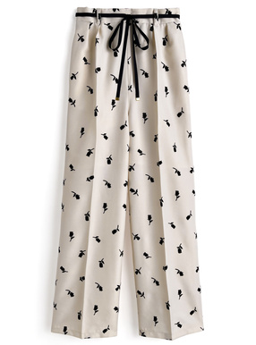 リボンベルト付き花柄フロッキーワイドパンツ