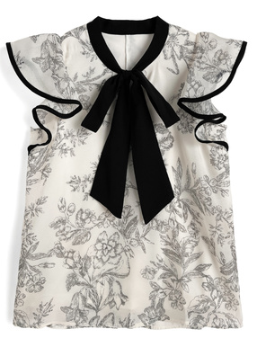 花柄ボウタイノースリーブブラウス