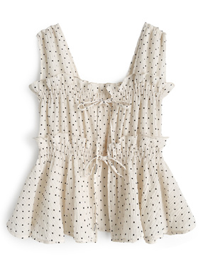 ドット柄シャーリングリボンノースリーブシアートップス