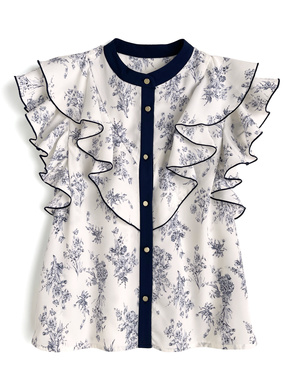 花柄ラッフルフリルノースリーブブラウス