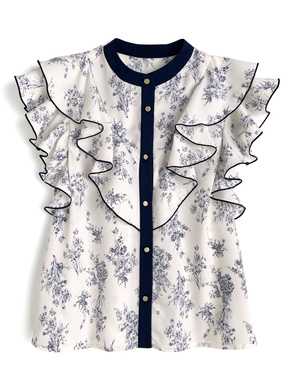 花柄ラッフルフリルノースリーブブラウス