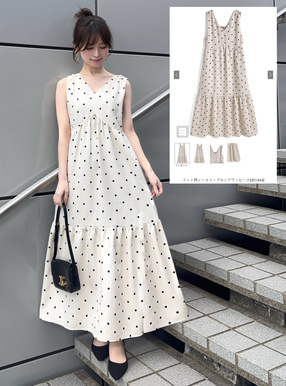 ドット柄ノースリーブロングワンピース