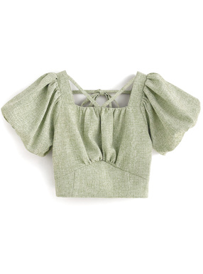 ツイードバルーンスリーブバックリボンブラウス