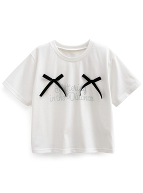スタッズロゴ配色リボンショート丈Tシャツ