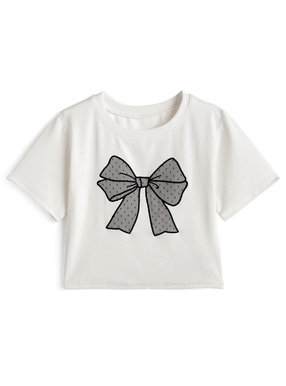 ドット柄チュールリボンクロップド丈Tシャツ