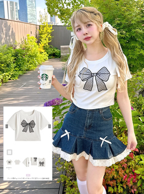 ドット柄チュールリボンクロップド丈Tシャツ
