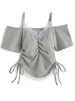 パッド入りレースドロストオフショルダートップス