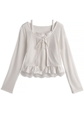 レースフリルキャミソールxリボンカーディガンアンサンブル