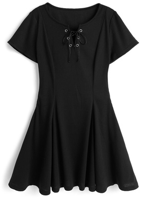 レースアップフレアリブミニワンピース