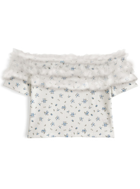 チュールオフショルダー花柄リブトップス