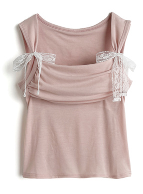 パッド付きレースリボンギャザートップス