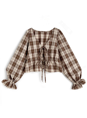 チェック柄リボンフリルスリーブブラウス