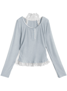 レースホルターネックレイヤード風リブトップス