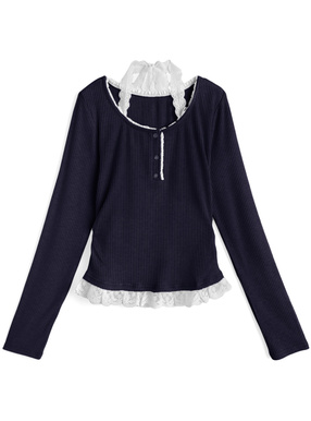 レースホルターネックレイヤード風リブトップス