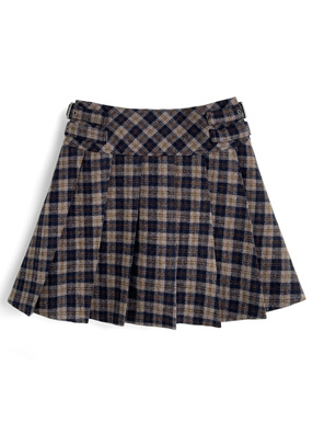 インパン裏地付きチェック柄サイドベルトプリーツミニスカート