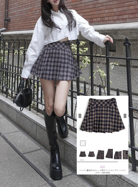インパン裏地付きチェック柄サイドベルトプリーツミニスカート