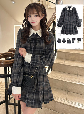 チェック柄プリーツミニワンピース