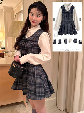 チェック柄レイヤード風プリーツミニワンピース