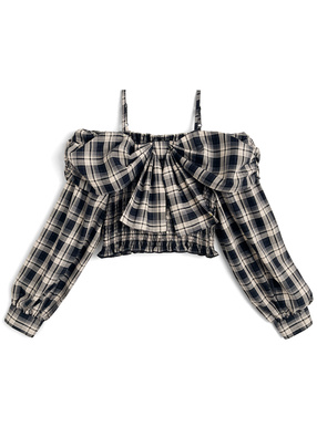 チェック柄ビッグリボンオフショルダートップス