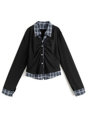 チェック柄シャツレイヤード風ショート丈トップス