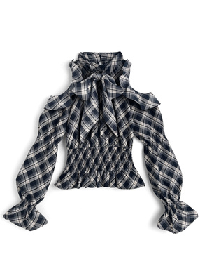 リボン付きチェック柄ショルダーオープントップス