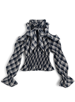 リボン付きチェック柄ショルダーオープントップス