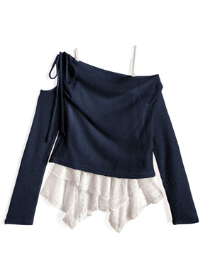 リボンワンショルダーシアートップス×イレヘムレースキャミソールアンサンブル